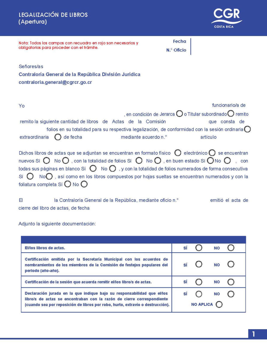Documento de solicitud: Legalización de libros de actas de la Comisión de Festejos Populares (apertura)