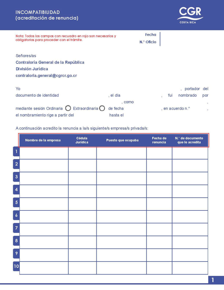 Documento de solicitud: Incompatibilidad (acreditación de renuncia)