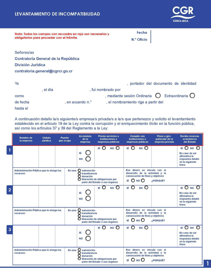 Documento de solicitud: Levantamiento de incompatibilidad