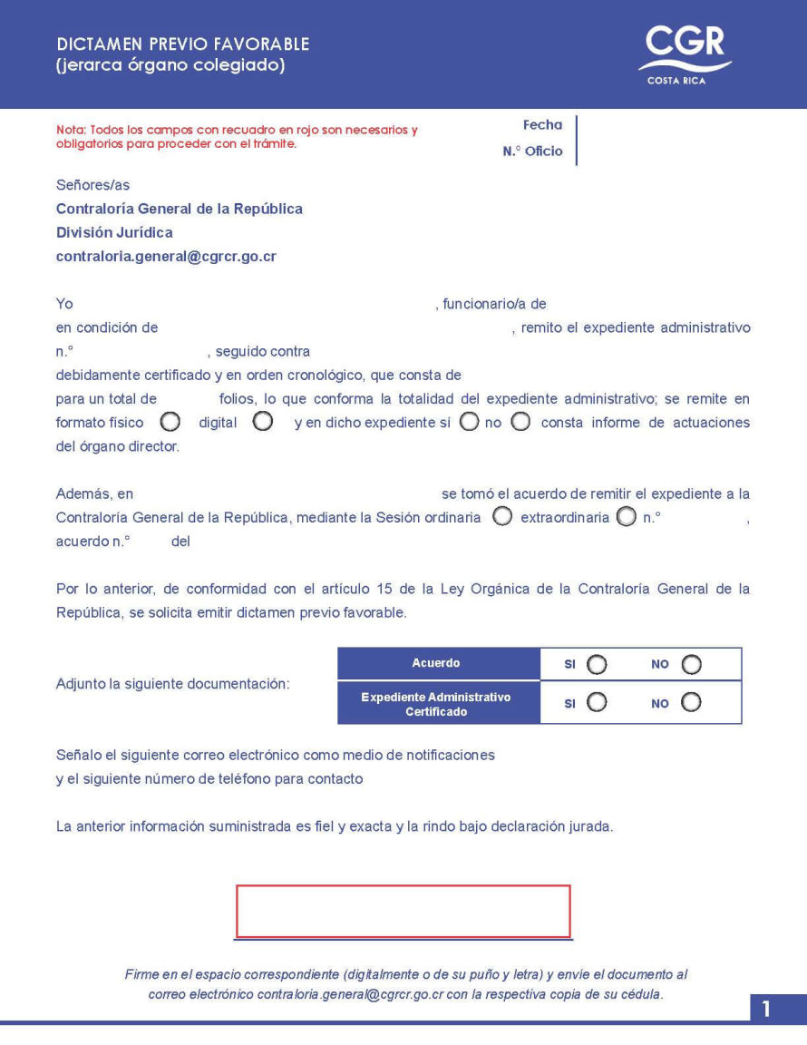 Documento de solicitud: Dictamen previo favorable (jerarca órgano colegiado)