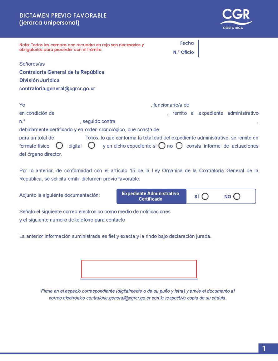 Documento de solicitud: Dictamen previo favorable (jerarca unipersonal)