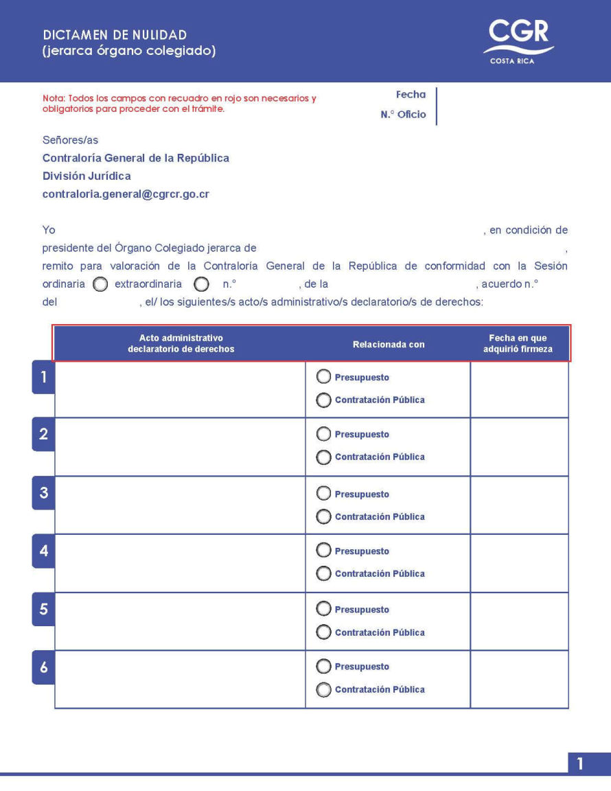 Documento de solicitud: Dictamen de nulidad (jerarca órgano colegiado)