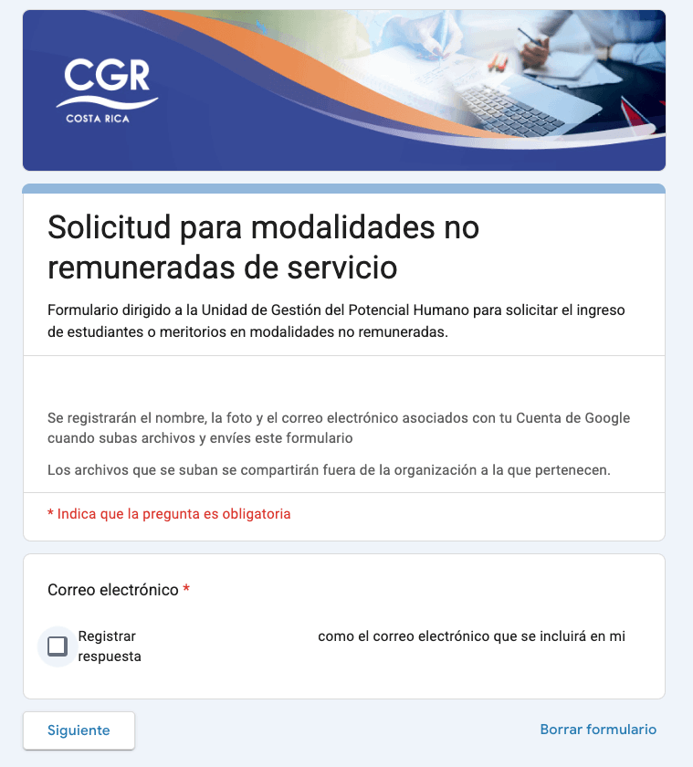Formulario de solicitud para participar en modalidades de servicio no remuneradas en la Contraloría General de la República