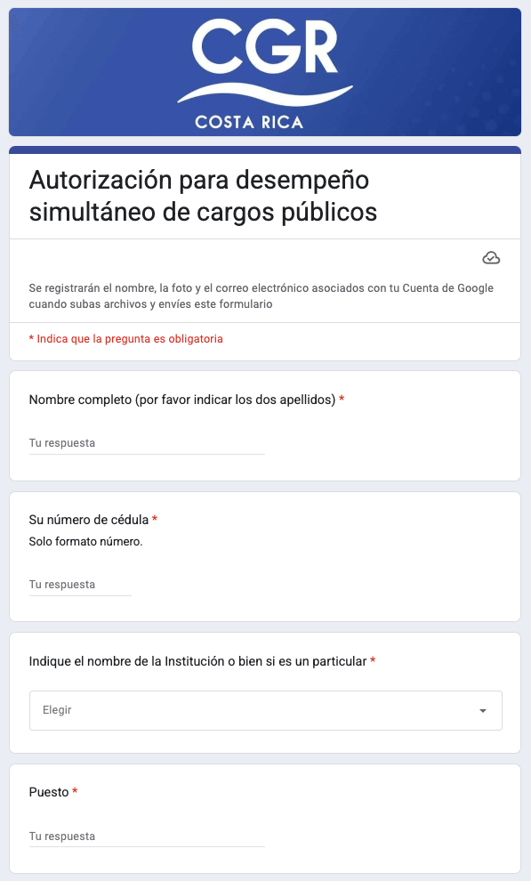 Formulario para presentar la gestión juridica ante la CGR denominada: Autorización para desempeño simultáneo de cargos públicos