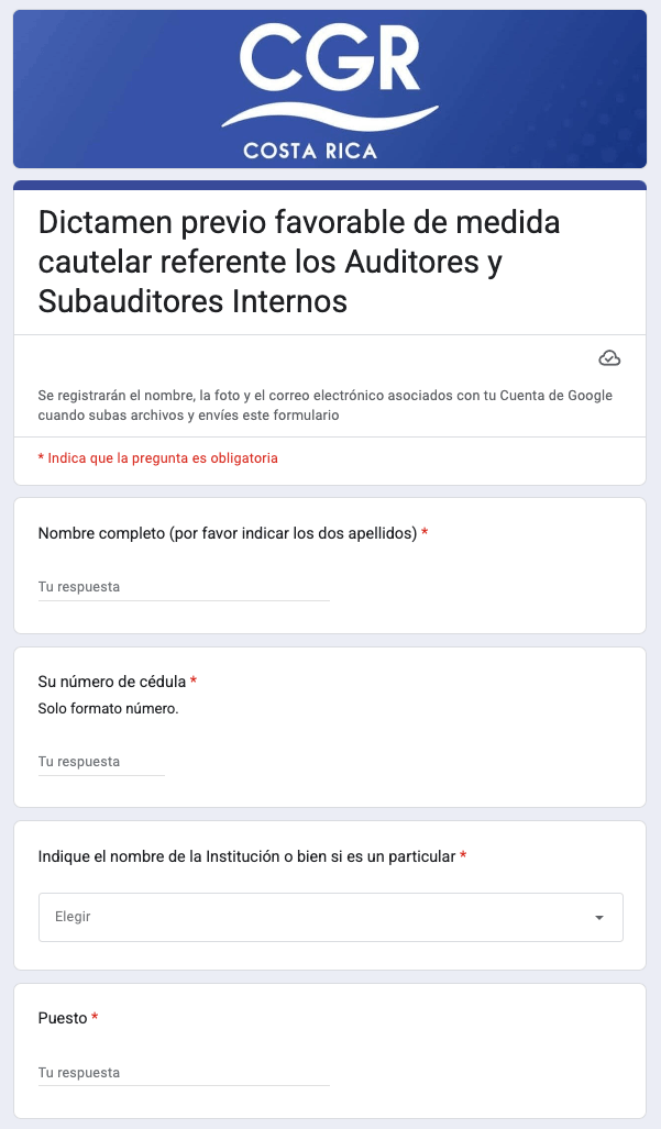 Formulario para presentar la gestión juridica ante la CGR denominada: Dictamen previo favorable de medida cautelar contra el auditor(a) o subauditor(a)