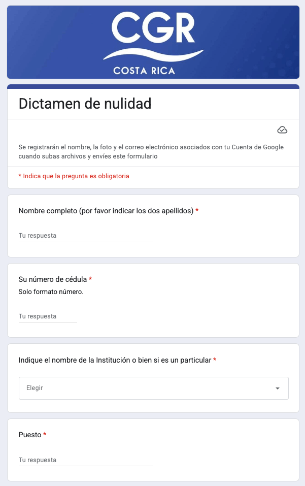 Formulario para presentar la gestión juridica ante la CGR denominada: Dictamen de nulidad