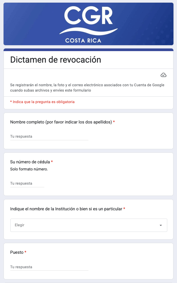 Formulario para presentar la gestión juridica ante la CGR denominada: Dictamen de revocación