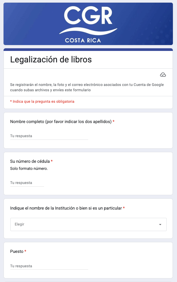 Formulario para presentar la gestión juridica ante la CGR denominada: Legalización de libros de actas de la Comisión de Festejos Populares