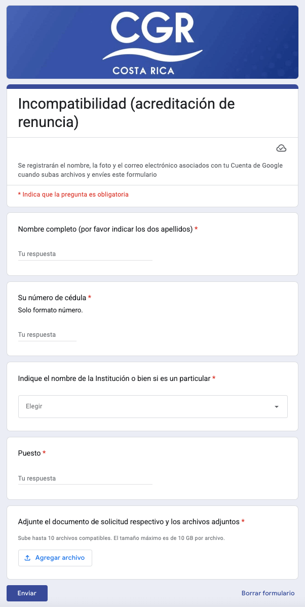 Formulario para presentar la gestión juridica ante la CGR denominada: Incompatibilidad