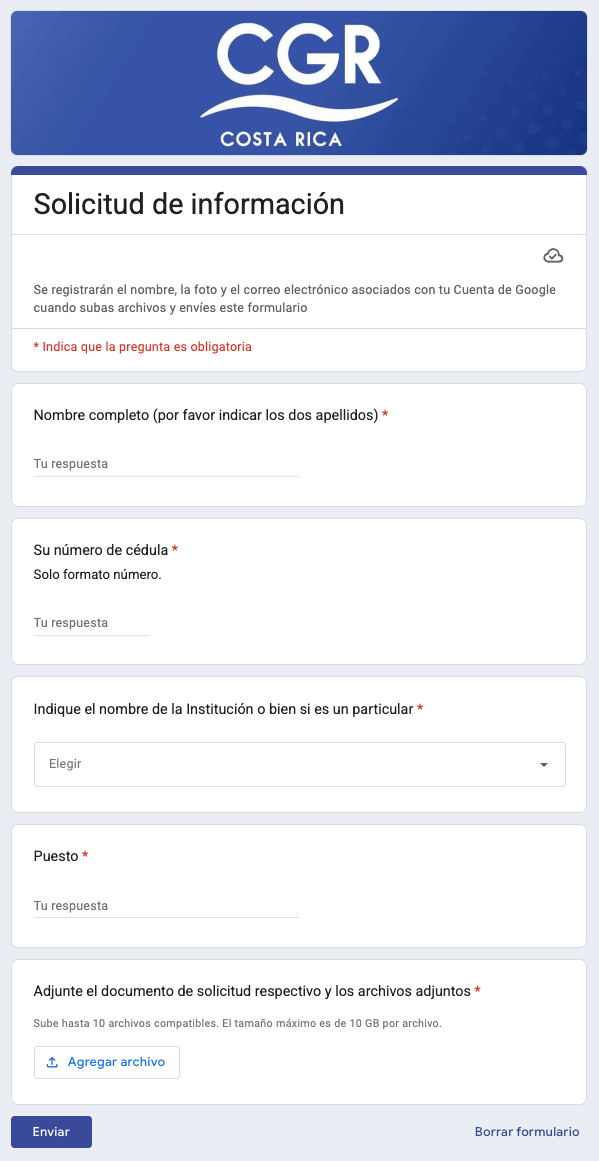 Formulario para presentar la gestión juridica ante la CGR denominada: Solicitud de información